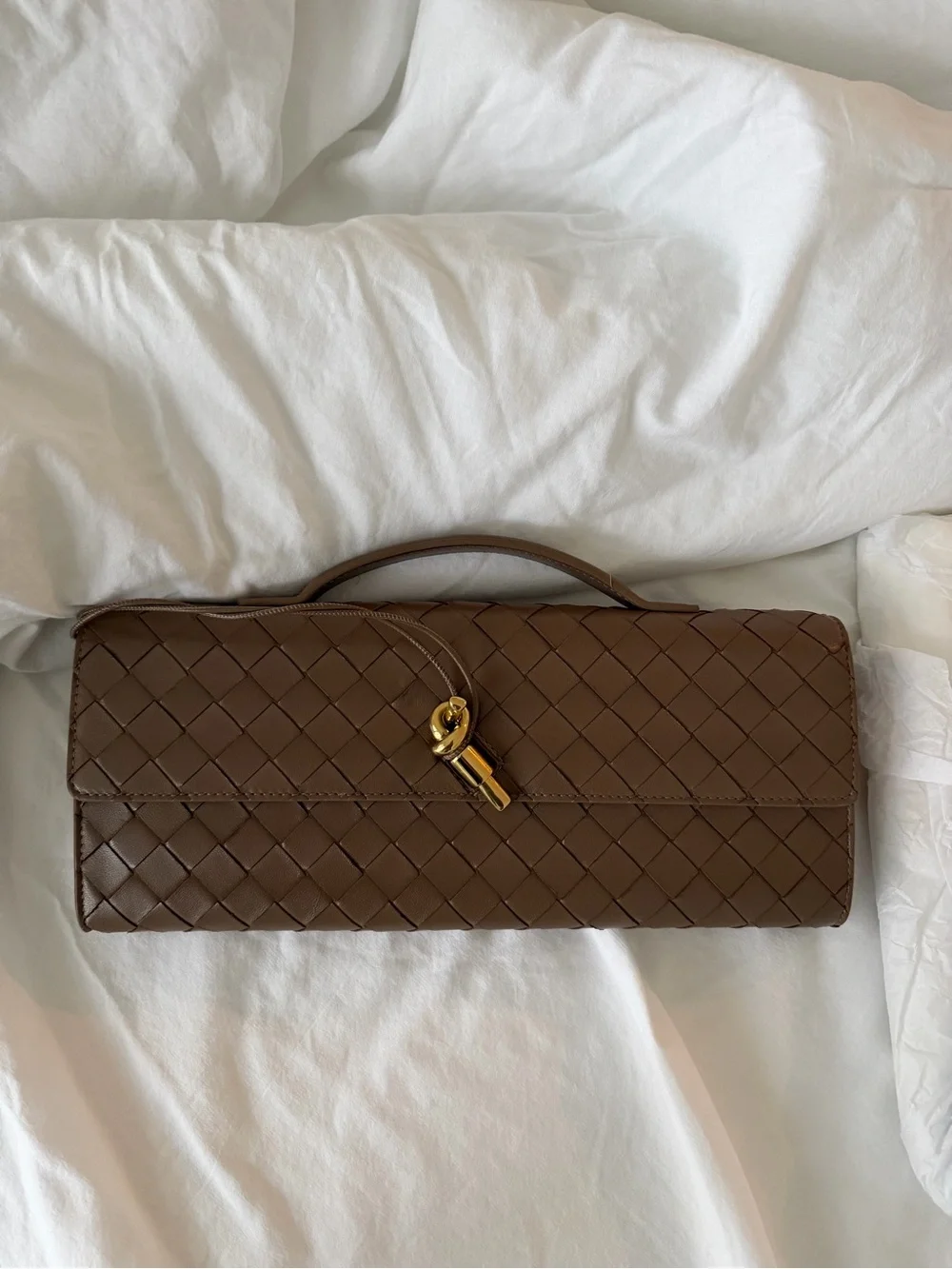 Bottega Veneta intrecciato Woven Leather Top-Handle Clutch in Dark Brown